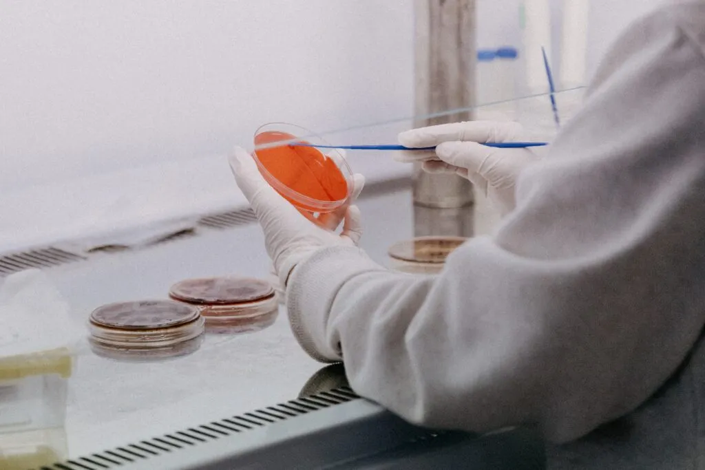 A scientist working at a laboratory bench.